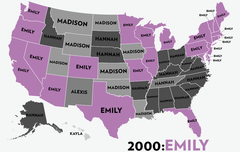 Illustration for article titled Map: Six Decades of the Most Popular Names for Girls, State-by-State